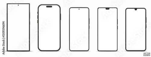 Set of 3D black smartphone mockup with white screen. Black mobile phone isolated on white background.