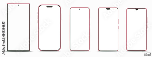Set of 3D pink smartphone mockup with white screen. Pink mobile phone isolated on white background. 3d vector illustration