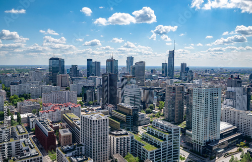 Panoramic. view of modern skyscrapers and business centers in Warsaw. View of the city center from above. Warsaw, Poland.