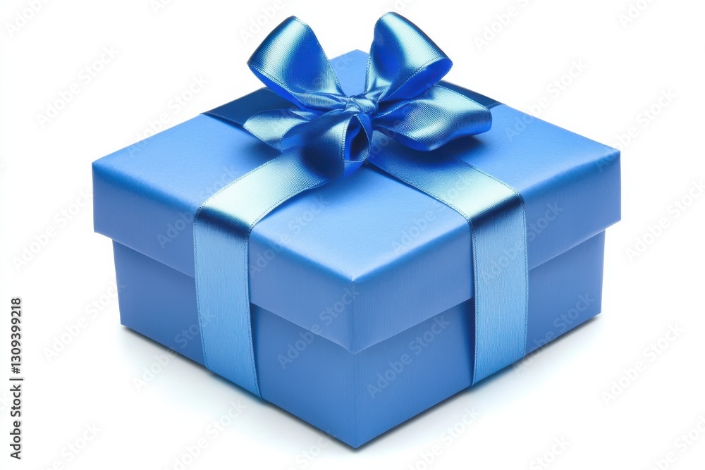 Obraz premium Elegant Blue Gift Box with Ribbon and Bow Isolated on White Background