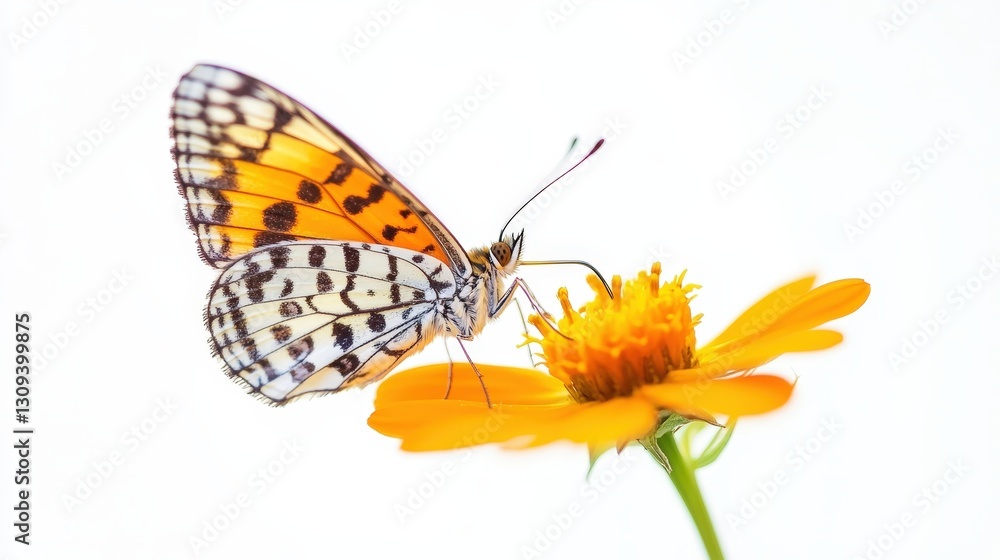 A close-up of a small leopard butterfly delicately balancing on a wildflower, sipping nectar, with sharp focus on wing texture and antennae, isolated on a bright white background A close-up of a small leopard butterfly delicately balancing on a wildflower, sipping nectar, with sharp focus on wing texture and antennae, isolated on a bright white background
