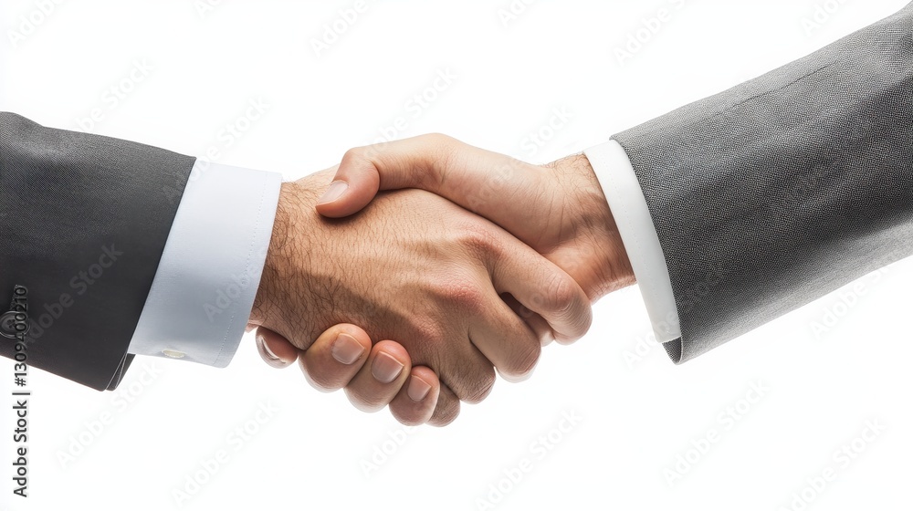 A close-up of two business professionals shaking hands, symbolizing partnership and agreement, well-groomed hands, formal attire, isolated on a bright white background A close-up of two business professionals shaking hands, symbolizing partnership and agreement, well-groomed hands, formal attire, isolated on a bright white background