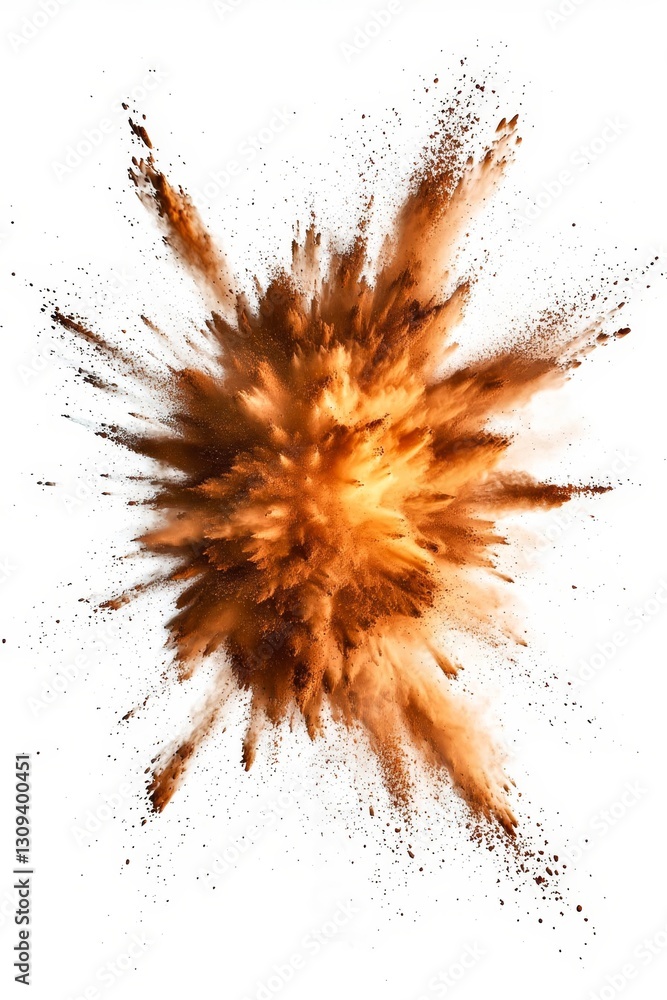 Vertical Brown color powder explosion isolated on white background. Vertical Brown color powder explosion isolated on white background.