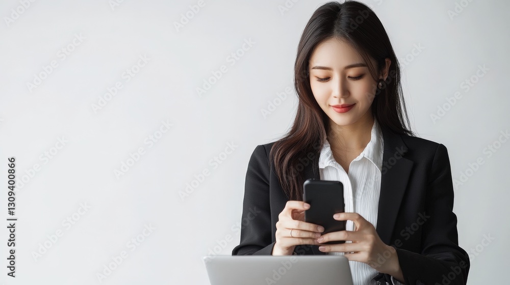 A confident Asian businesswoman enjoying coffee while using her smartphone, laptop screen glowing, engaged in online work, isolated on a pure white background, clean and professional