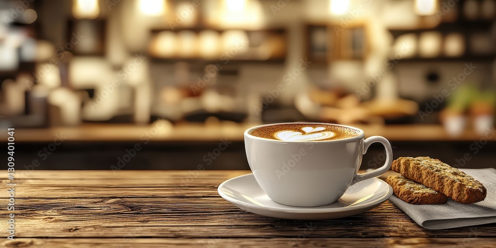 Fototapeta premium Realistic 3D Icon Cartoon of A Cup of Espresso with a Biscotti on a Wooden Table with a Softly Blurred Italian CafÃ? Background