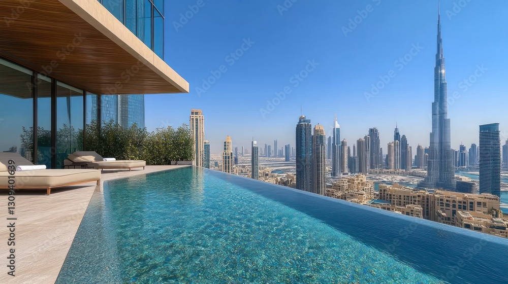 Fototapeta premium Infinity pool luxury apartment Dubai skyline view