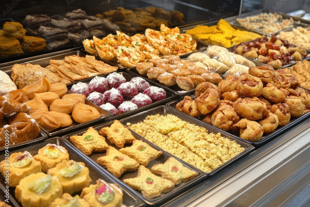 Assorted Delicious Pastries and Sweets in a Bakery Display Case Assorted Delicious Pastries and Sweets in a Bakery Display Case