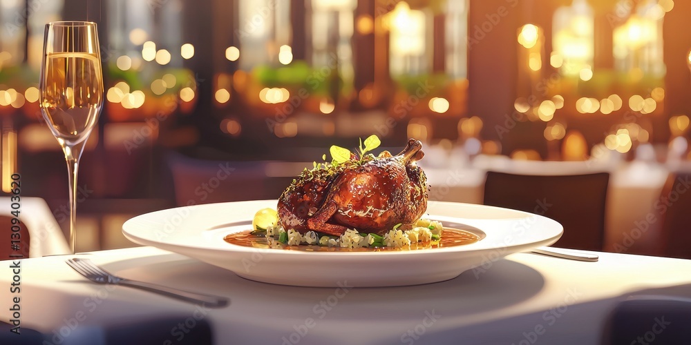 Realistic 3D Icon Cartoon of A Dish of Roasted Pigeon with Truffle Jus on a White Plate with a Michelin Star Restaurant Background Realistic 3D Icon Cartoon of A Dish of Roasted Pigeon with Truffle Jus on a White Plate with a Michelin Star Restaurant Background