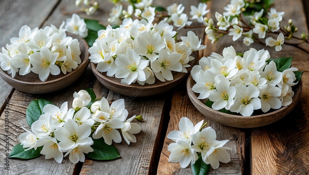Serene white blossoms in rustic bowls on wood Serene white blossoms in rustic bowls on wood