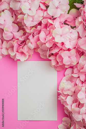 Vertical Hydrangeas pink background. Festive holiday greeting card for Birthday, Woman or Mothers Day.