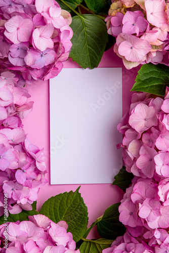 Vertical Hydrangeas pink background. Festive holiday greeting card for Birthday, Woman or Mothers Day.