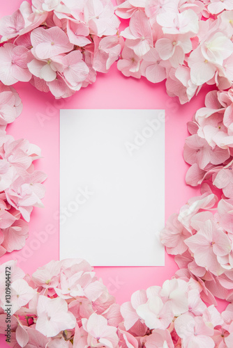 Vertical Hydrangeas pink background. Festive holiday greeting card for Birthday, Woman or Mothers Day.