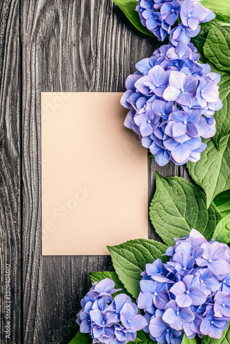 Vertical Hydrangeas springtime scenery, nature background. Festive holiday greeting card for Birthday, Woman or Mothers Day.