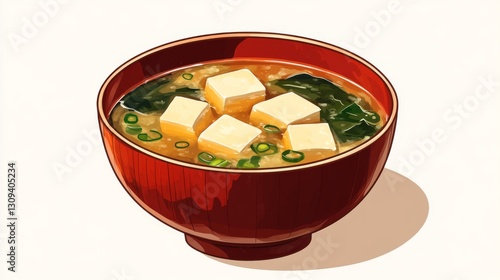 Pixel Art Miso Soup with Tofu and Seaweed in a Red Bowl
