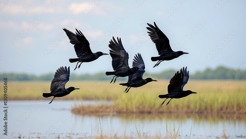 Six black birds soaring over serene wetlands Six black birds soaring over serene wetlands