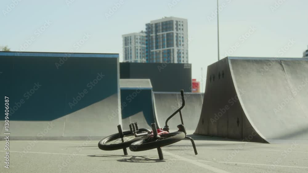 Slow shutter effect footage of BMX rider jumping over bike lying on ground in skate park and performing trick in air, ramps and urban building in background