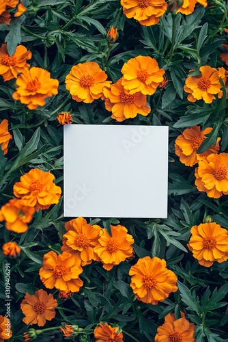 Vertical Marigolds springtime scenery, nature background. Festive holiday greeting card for Birthday, Woman or Mothers Day.