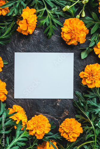 Vertical Marigolds springtime scenery, nature background. Festive holiday greeting card for Birthday, Woman or Mothers Day.