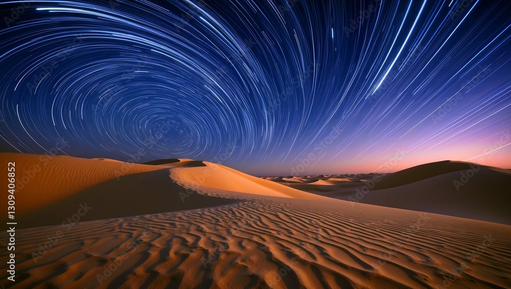Naklejka premium Star trails dancing above desert dunes at night