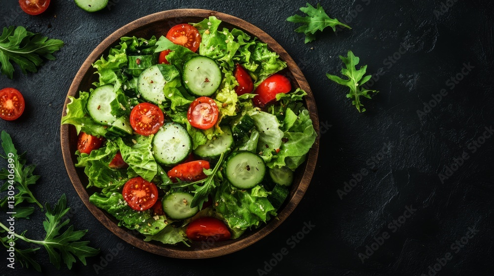 Fresh Green Salad with Tomatoes and Cucumbers in Wooden Bowl Fresh Green Salad with Tomatoes and Cucumbers in Wooden Bowl