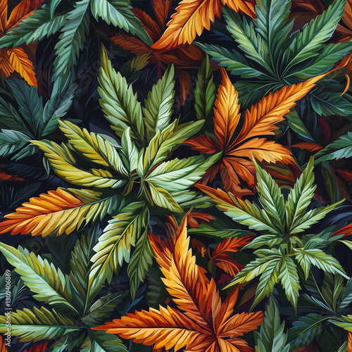 Lush Green and Gold Foliage in Dark Tones