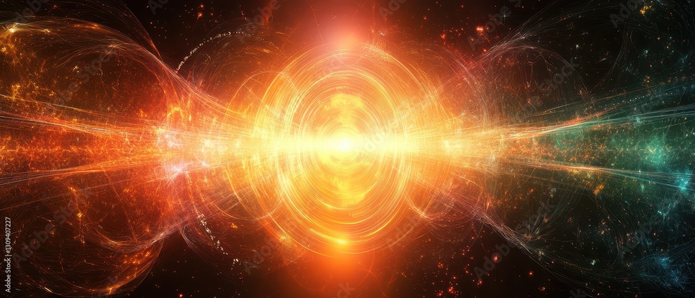 Obraz premium Quantum chaos theory visualized with complex neon energy waves, futuristic theoretical physics concept