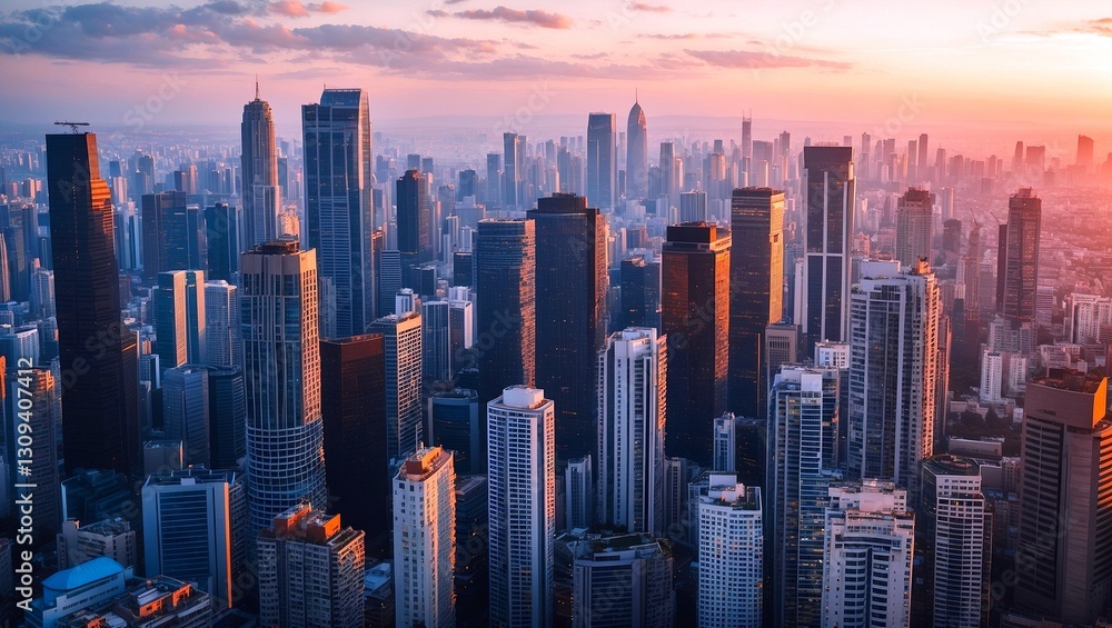 Fototapeta premium Stunning urban skyline at sunset with skyscrapers