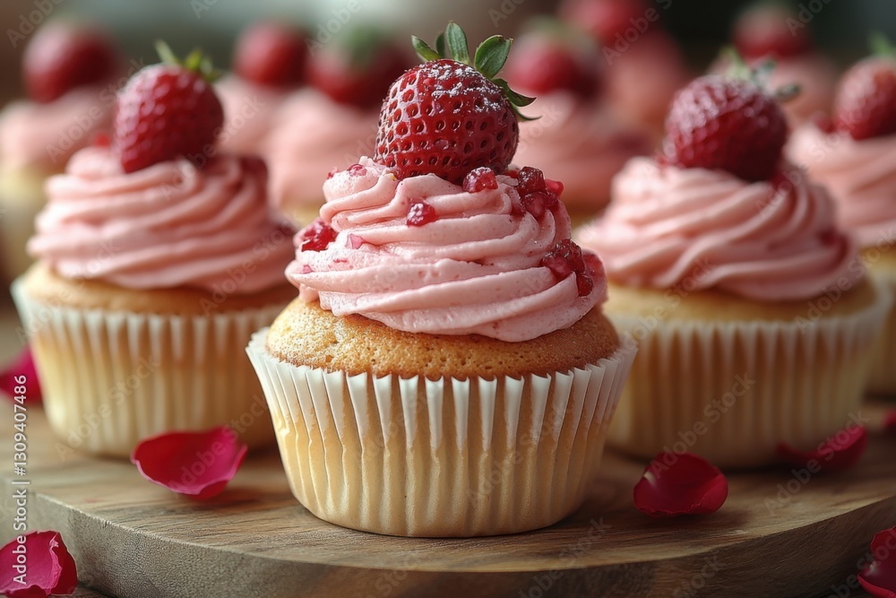 Strawberry topped cupcakes with pink frosting stand out against a soft blurred background creating a mouthwatering and visually appealing treat Strawberry topped cupcakes with pink frosting stand out against a soft blurred background creating a mouthwatering and visually appealing treat