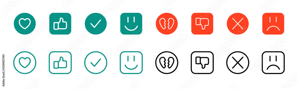 Set of like and dislike icons - thumbs up, check marks and crosses. Symbols of approval and rejection - . Vector illustrations