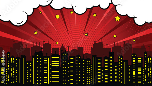 Comic red background design with cloud, star and city silhouette