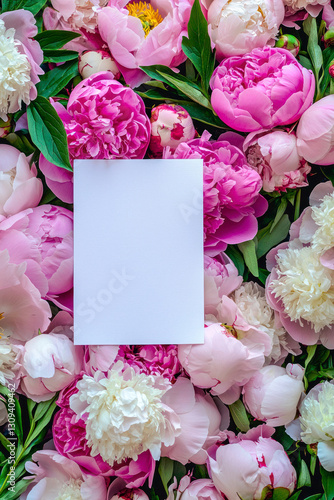 Vertical Peonies springtime scenery, nature background. Festive holiday greeting card for Birthday, Woman or Mothers Day.