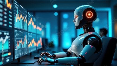 Agentic AI analyzing complex data in a modern office environment during nighttime hours