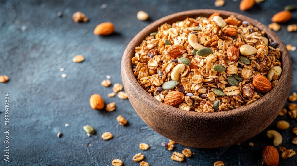 Homemade Granola with Nuts and Seeds in Rustic Bowl Homemade Granola with Nuts and Seeds in Rustic Bowl