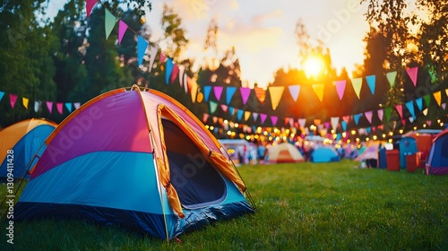 Summer festival journey vibrant tents and colorful banners under warm temperature outdoor celebration perspective