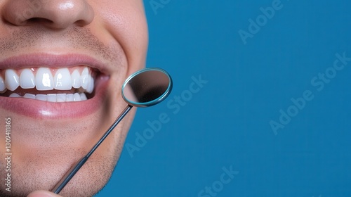 Cheerful man admires bright smile with mirror after professional dental care at sunny clinic
