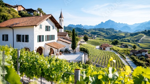 Wallpaper Mural Scenic Vineyard Landscape with Traditional Architecture and Majestic Mountains under Blue Sky Torontodigital.ca