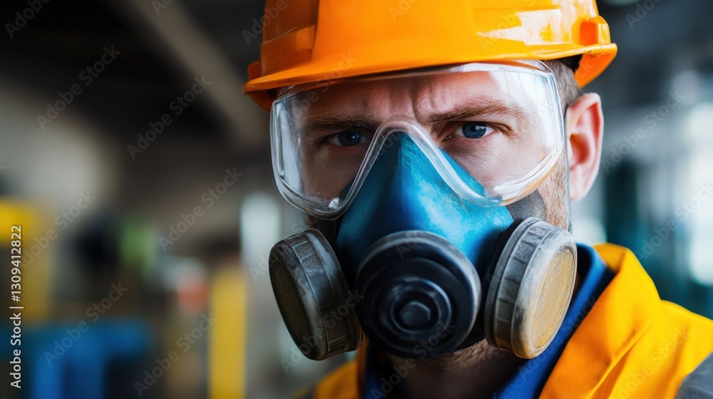 A manufacturing worker ensuring their respirator mask fits tightly before working with hazardous materials A manufacturing worker ensuring their respirator mask fits tightly before working with hazardous materials
