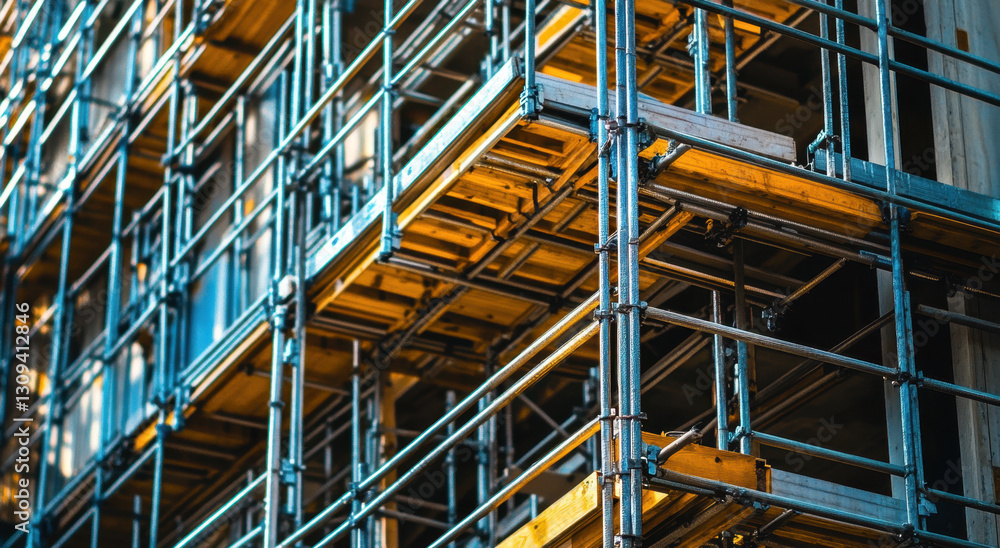 Close view of sturdy metal scaffolding features multiple levels of wooden platforms and metal beams, indicating ongoing construction in a bustling city area during daylight Close view of sturdy metal scaffolding features multiple levels of wooden platforms and metal beams, indicating ongoing construction in a bustling city area during daylight