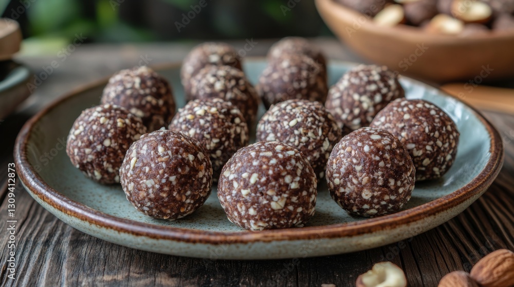 Dark Chocolate Hazelnut Energy Balls on Rustic Wooden Table Dark Chocolate Hazelnut Energy Balls on Rustic Wooden Table