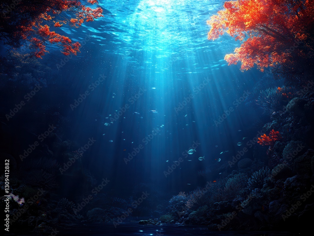 Obraz premium Underwater world reveals glowing corals and shimmering fish illuminated by sunlight streaming from above. Generative AI