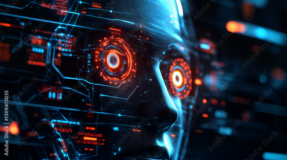 Futuristic ai interface with digital holographic display and cybernetic elements in neon blue and orange