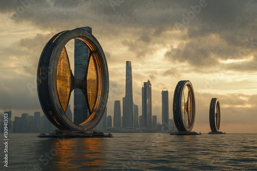 Futuristic wind turbines against dramatic city skyline at sunset over water