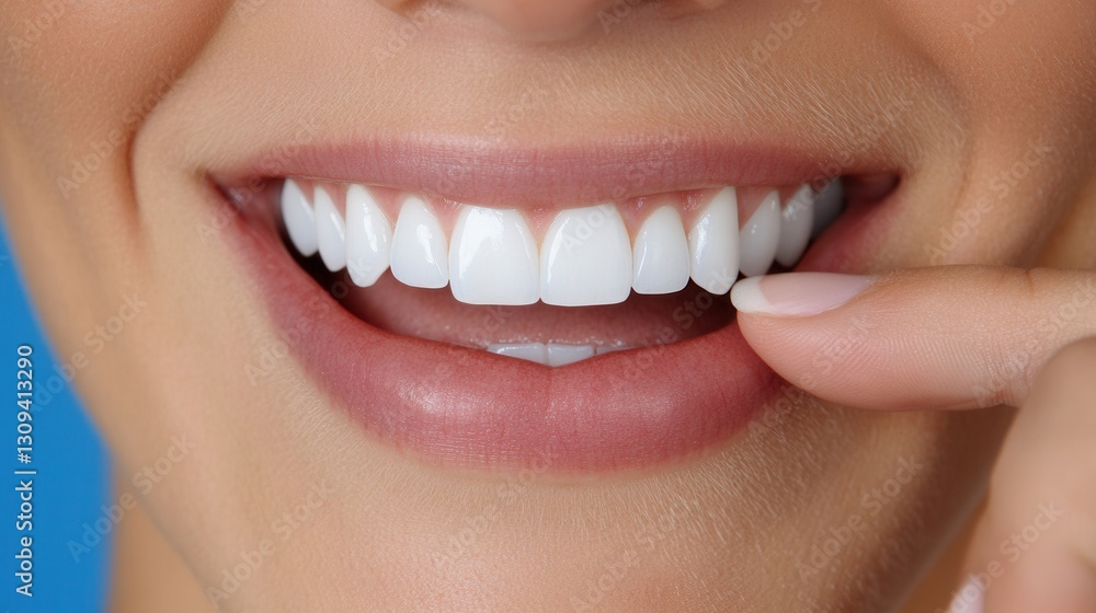 Close-up of a smiling man showing bright white teeth and healthy gums while pulling down his lip in front of a bright blue background Close-up of a smiling man showing bright white teeth and healthy gums while pulling down his lip in front of a bright blue background