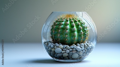 Cactus in Glass Bowl, Soft Light, Minimalist