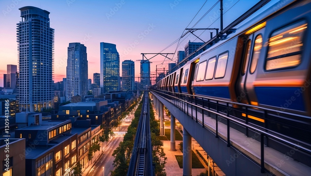 Fototapeta premium Twilight train speeding through modern urban landscape