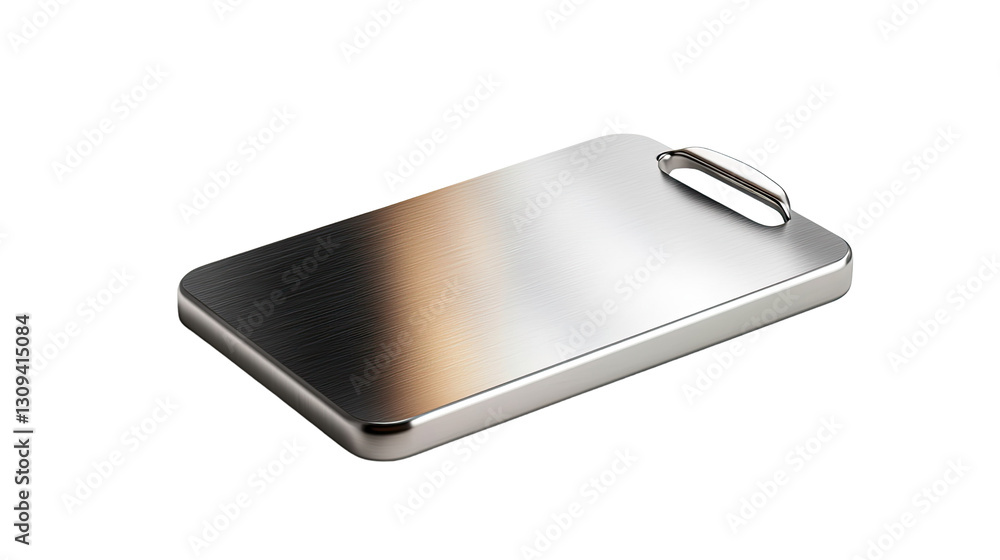 A silver tray with a handle sits on a white background A silver tray with a handle sits on a white background