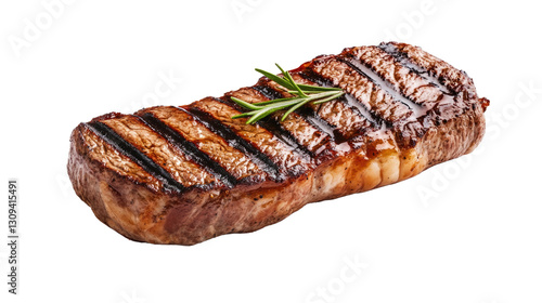 A piece of meat with a grill on it and some herbs on top
