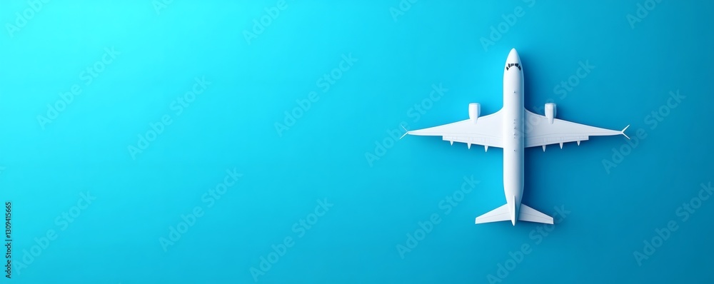 A white airplane is centered on a vibrant blue background A white airplane is centered on a vibrant blue background