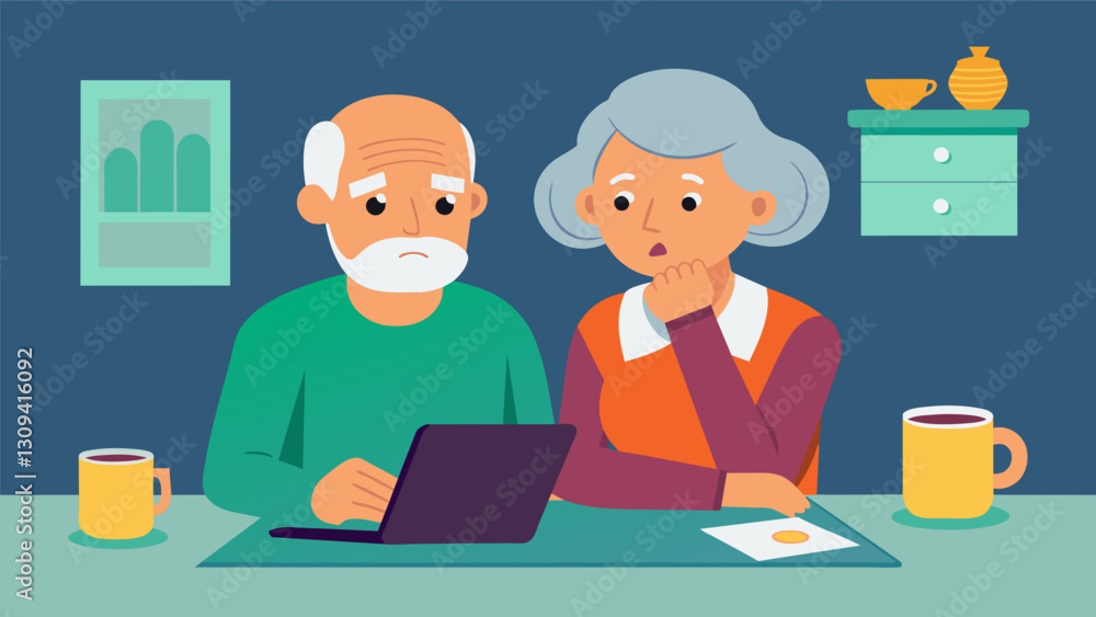 An older couple sitting at their kitchen table with worried expressions reviewing their retirement savings and wondering if it will be enough to. Vector illustration An older couple sitting at their kitchen table with worried expressions reviewing their retirement savings and wondering if it will be enough to. Vector illustration
