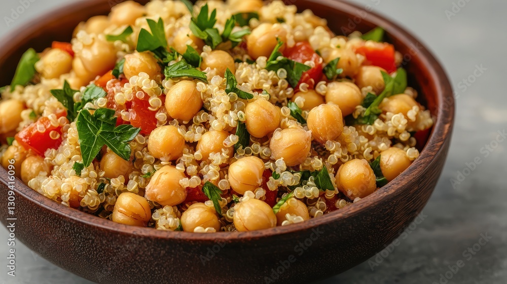 Meal Prep Made Simple with Plant-Based Protein concept. Healthy Quinoa Salad with Chickpeas and Fresh Vegetables in Wooden Bowl Meal Prep Made Simple with Plant-Based Protein concept. Healthy Quinoa Salad with Chickpeas and Fresh Vegetables in Wooden Bowl